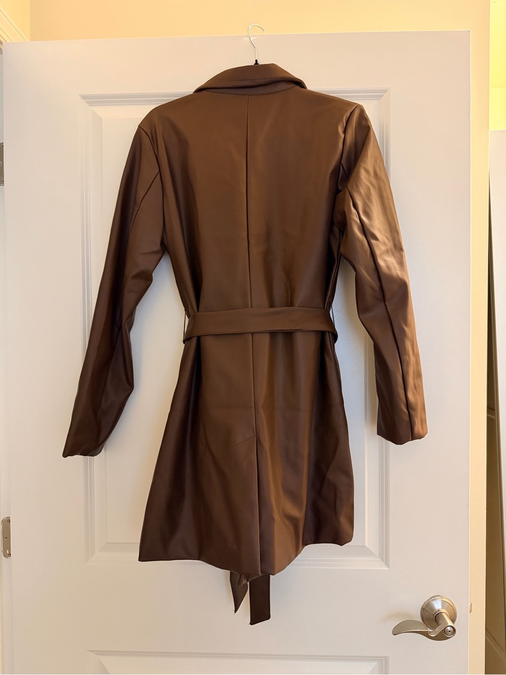 Fashion Nova Brown Faux Leather Double-Breasted Trench Jacket - Picture 5 of 5